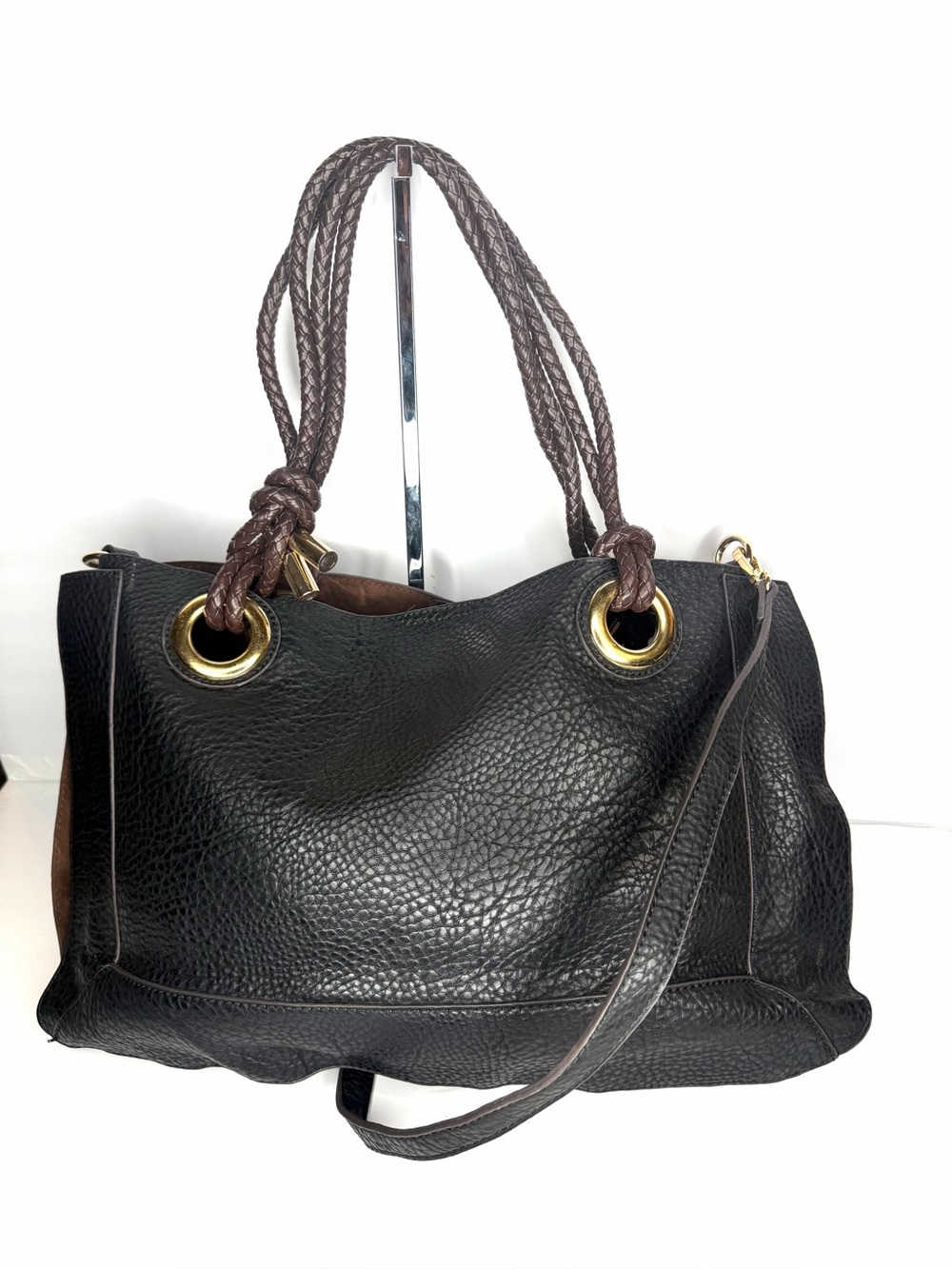 Classic Black Pebble Vegan Leather Tote with Braided Handles